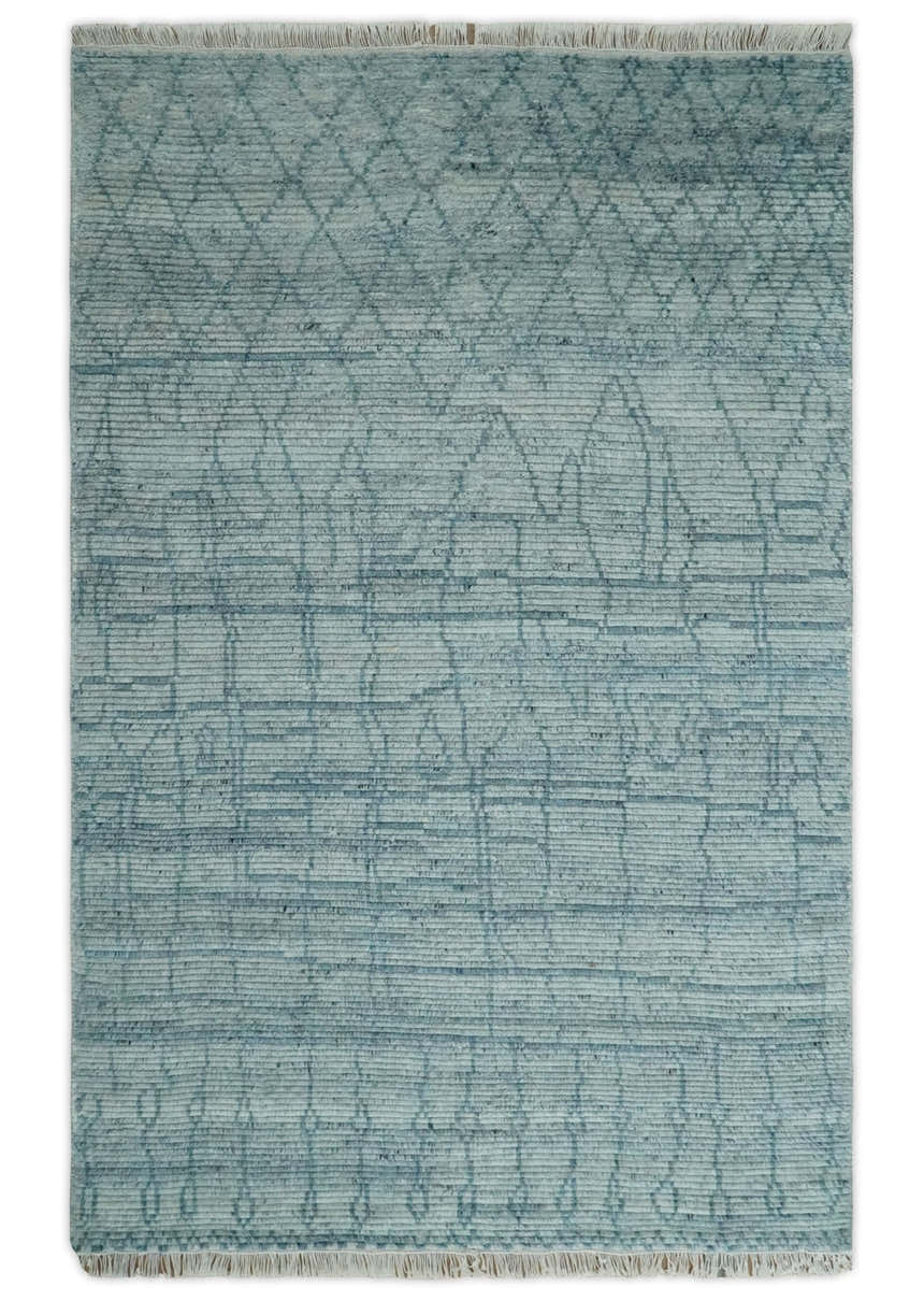 Hand Knotted Silver and Blue Modern Trellis Moroccan Rug Made with Blended Wool Multi Size Rug