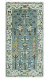 Hand Knotted Traditional Blue and Ivory Antique Oushak Custom Made Wool Area Rug