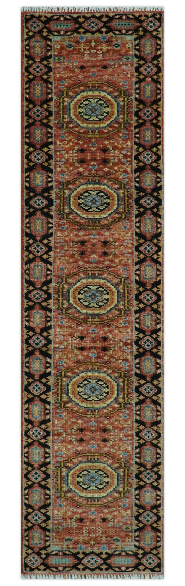 Hand Knotted Traditional Kazak Medallion Rust and Black Multi Size wool Area Rug