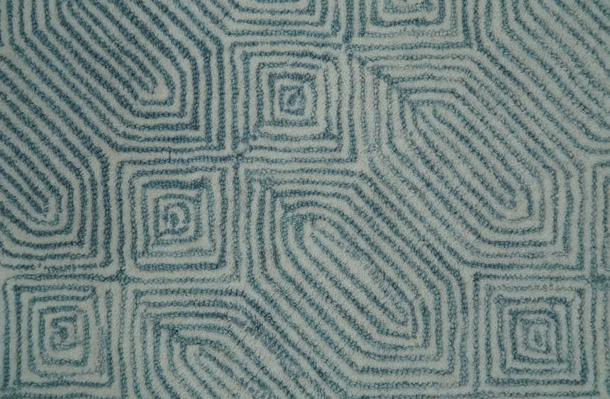 Modern Contemporary Style Teal and Ivory Hand Tufted Wool Area Rug