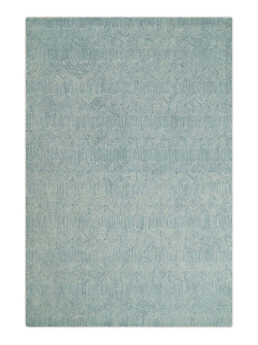 Modern Contemporary Style Teal and Ivory Hand Tufted Wool Area Rug