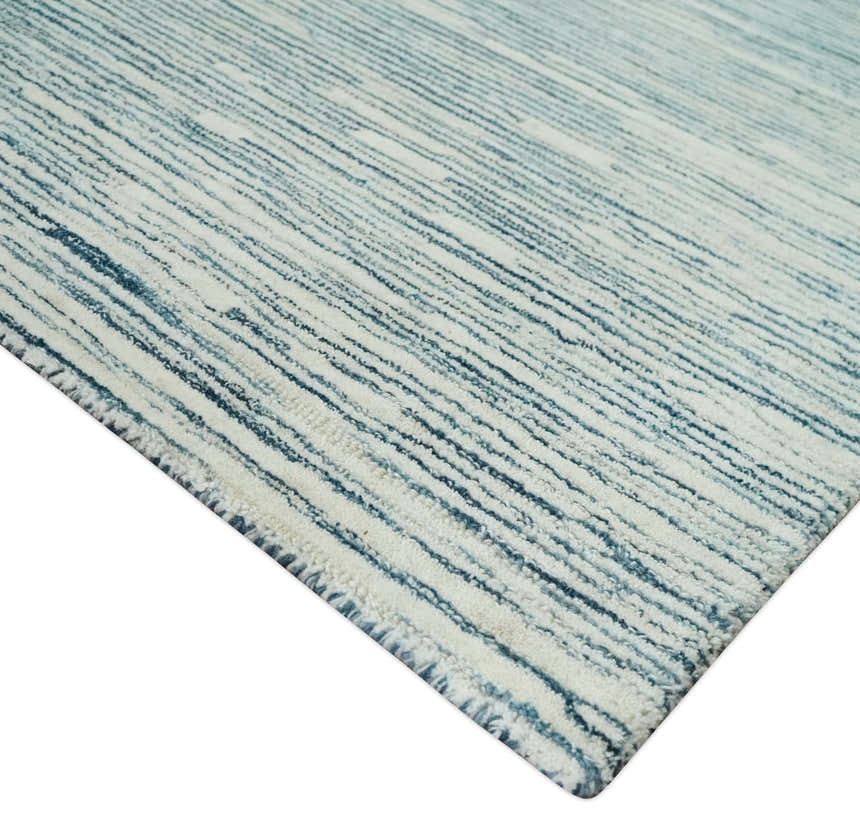 Hand Tufted Woolen Modern White and Blue Custom Made Area Rug