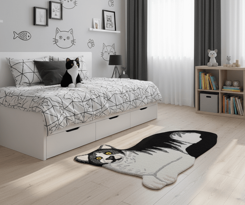 Hand Tufted 2x3 Animal Black And White Cat Wool Area Rug