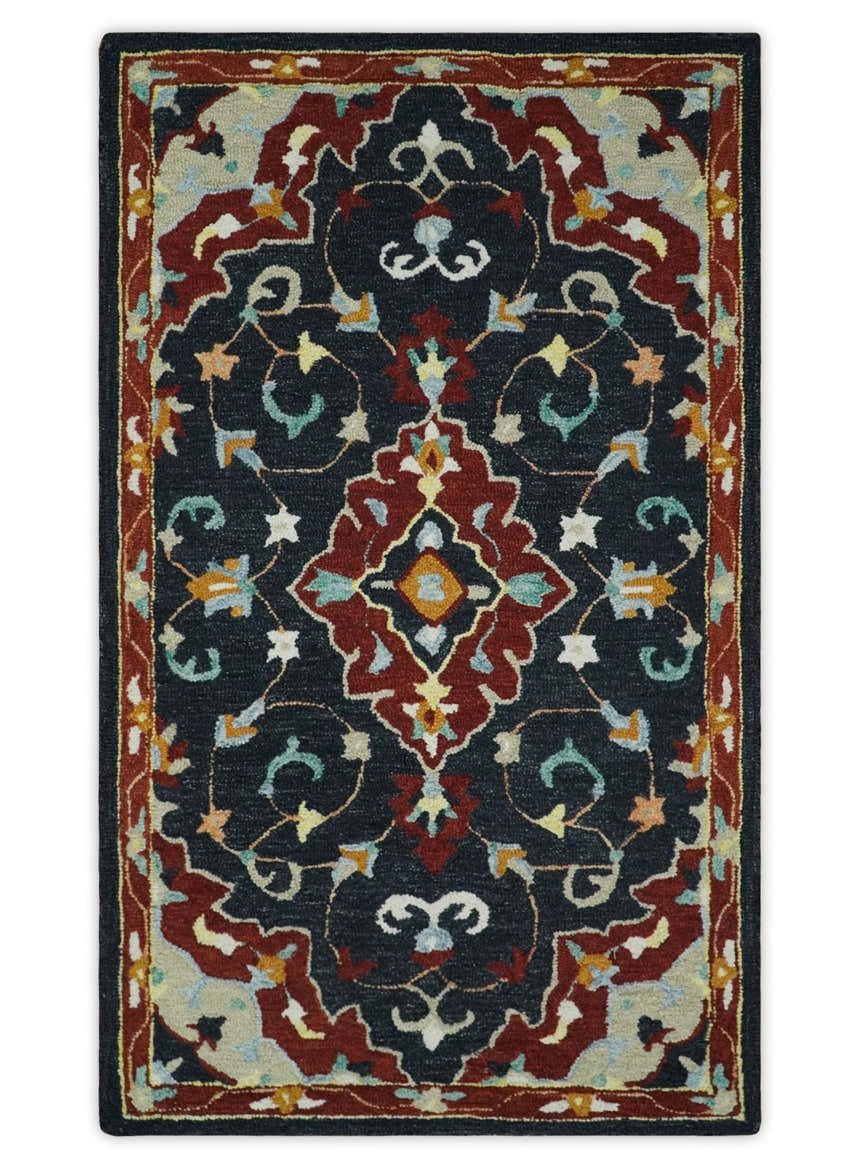 Hand Tufted Black, Rust and Beige Persian Style Wool Area Rug