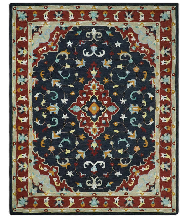Hand Tufted Black, Rust and Beige Persian Style Wool Area Rug