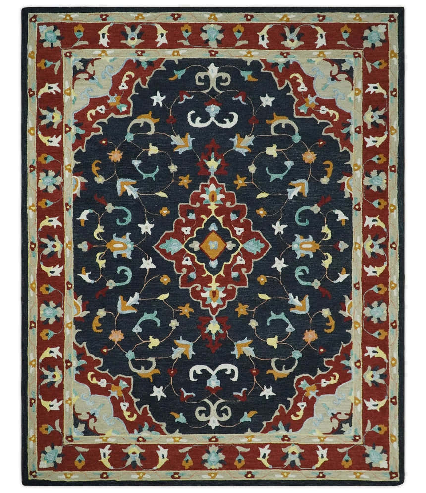 Hand Tufted Black, Rust and Beige Persian Style Wool Area Rug