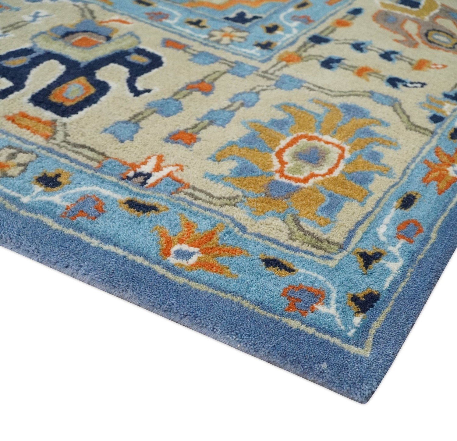 Hand Tufted Blue and Beige Modern Colorful Oushak Multi Size Rug, Kids, Living Room and Bedroom Rug