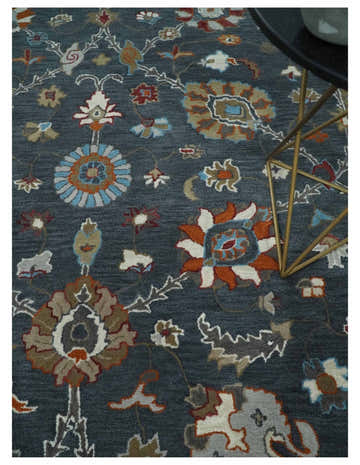 Antique Floral Hand Tufted Charcoal and Silver vintage Style colorful Traditional Oushak Multi Size wool Area Rug, Kids, Living Room and Bedroom Rug
