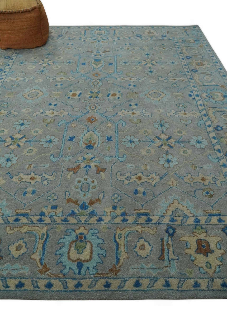 Hand Tufted Gray, Beige and Accent Blue Multi Size 8x10 Traditional Herati Design Wool Rug