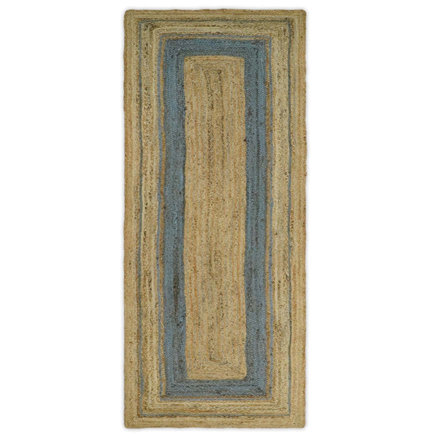 Hand Woven Natural Fiber Blue and Brown Natural Jute Rug
