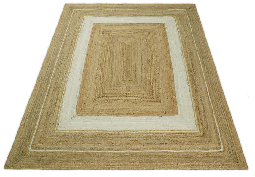 Hand Woven Natural Fiber White and Brown Natural Jute Rug