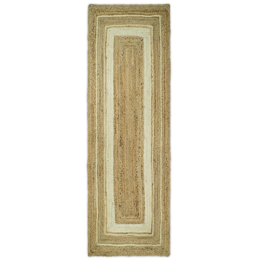Hand Woven Natural Fiber White and Brown Natural Jute Rug