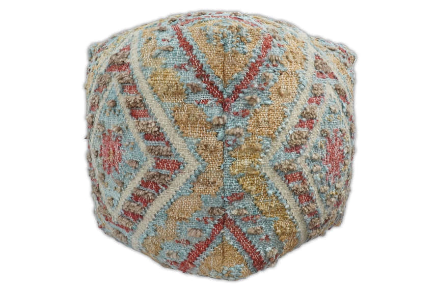 Hand Woven Boho Tribal Large Mustard and Blue Jute and Wool Pouf | TRD120P