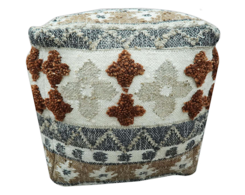 Hand woven Ivory, Gray and Brown Traditional Textured Jute and wool Pouf