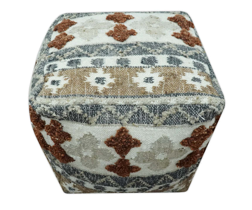 Hand woven Ivory, Gray and Brown Traditional Textured Jute and wool Pouf