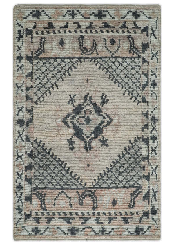 Hand Woven Peach, Beige and Charcoal Rug Made with Blended Wool Multi Size Rug
