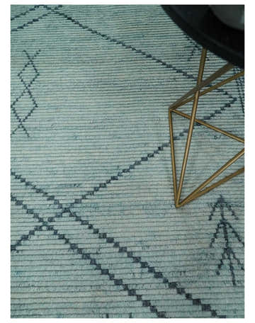 Custom Made Hand Woven Silver and Blue Abstract Trellis Moroccan Rug Made with Blended Wool
