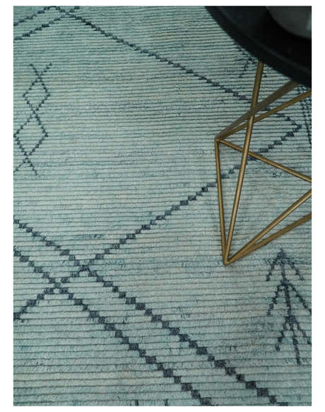Custom Made Hand Woven Silver and Blue Abstract Trellis Moroccan Rug Made with Blended Wool