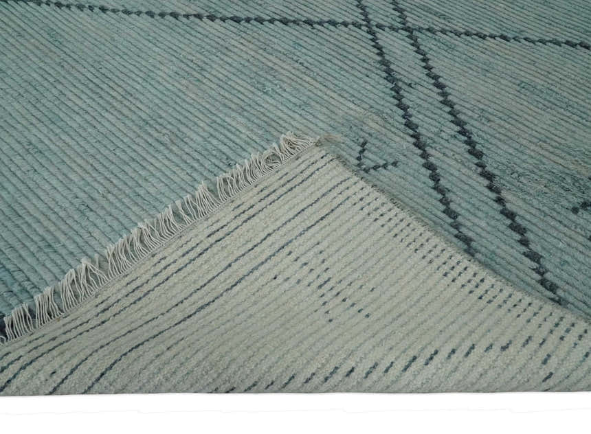 Custom Made Hand Woven Silver and Blue Abstract Trellis Moroccan Rug Made with Blended Wool