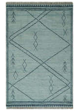 Custom Made Hand Woven Silver and Blue Abstract Trellis Moroccan Rug Made with Blended Wool