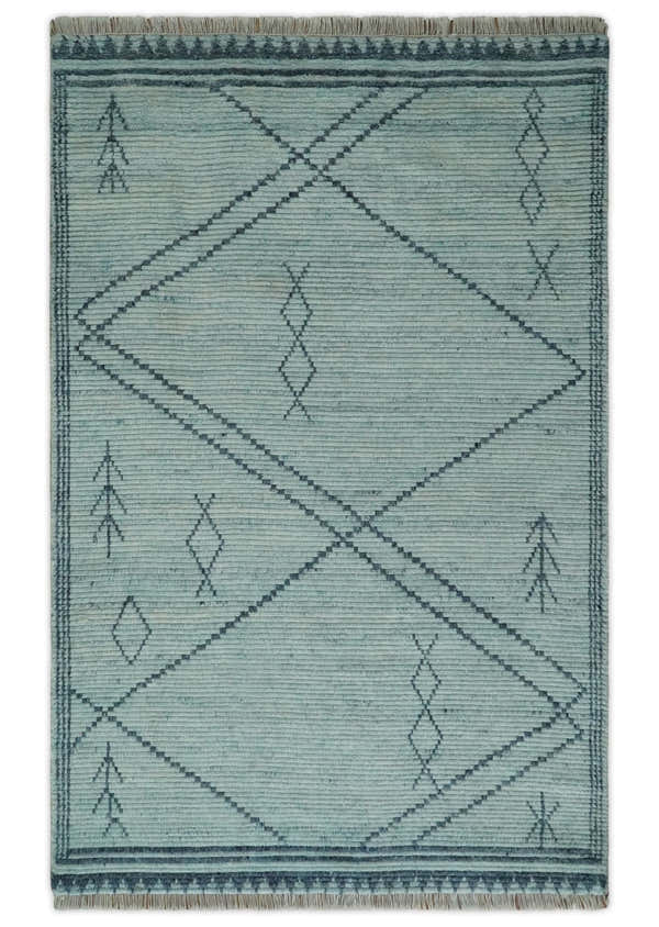 Custom Made Hand Woven Silver and Blue Abstract Trellis Moroccan Rug Made with Blended Wool