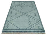 Custom Made Hand Woven Silver and Blue Abstract Trellis Moroccan Rug Made with Blended Wool