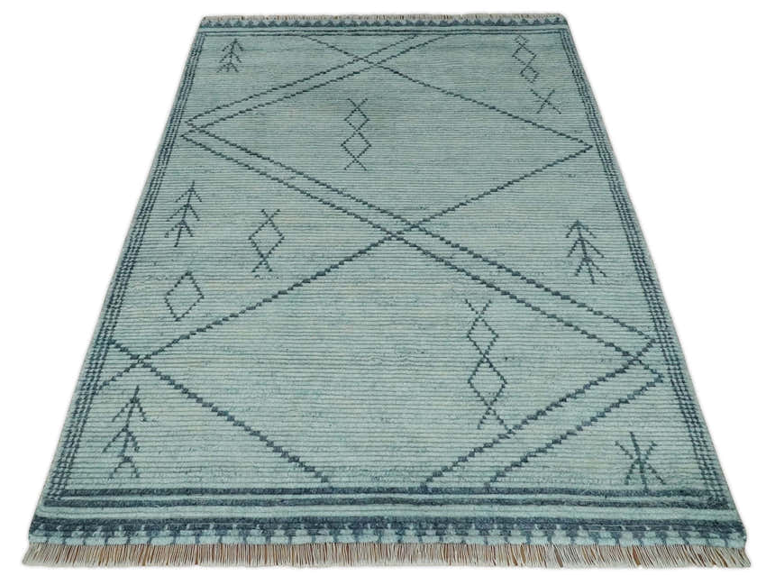 Custom Made Hand Woven Silver and Blue Abstract Trellis Moroccan Rug Made with Blended Wool