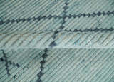 Custom Made Hand Woven Silver and Blue Abstract Trellis Moroccan Rug Made with Blended Wool