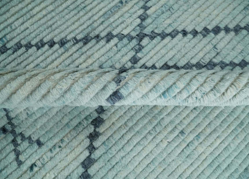Custom Made Hand Woven Silver and Blue Abstract Trellis Moroccan Rug Made with Blended Wool
