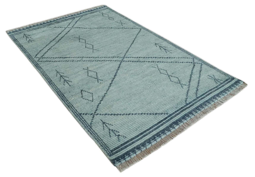 Custom Made Hand Woven Silver and Blue Abstract Trellis Moroccan Rug Made with Blended Wool