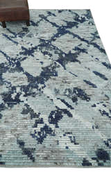 Custom Made Hand Woven Silver, Blue and Charcoal Abstract Trellis Moroccan Rug Made with Blended Wool
