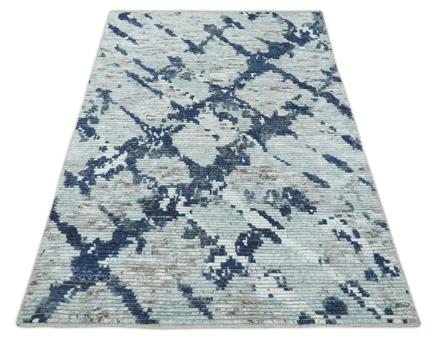 Custom Made Hand Woven Silver, Blue and Charcoal Abstract Trellis Moroccan Rug Made with Blended Wool