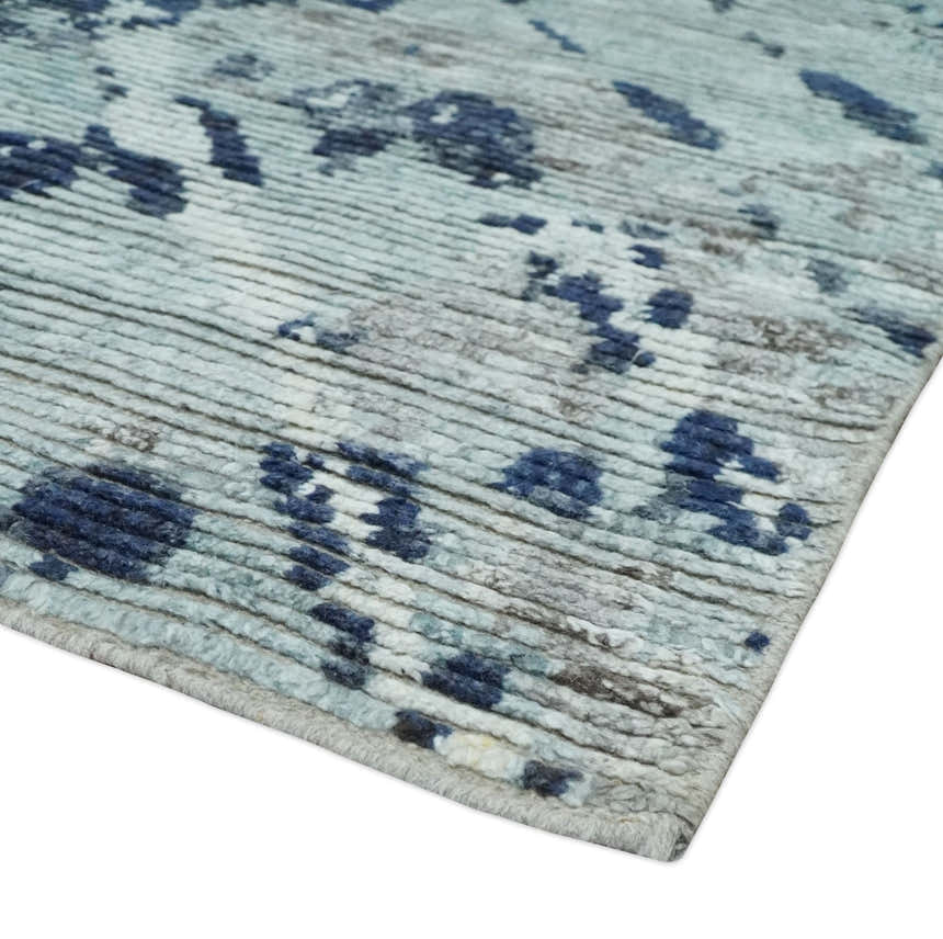 Custom Made Hand Woven Silver, Blue and Charcoal Abstract Trellis Moroccan Rug Made with Blended Wool