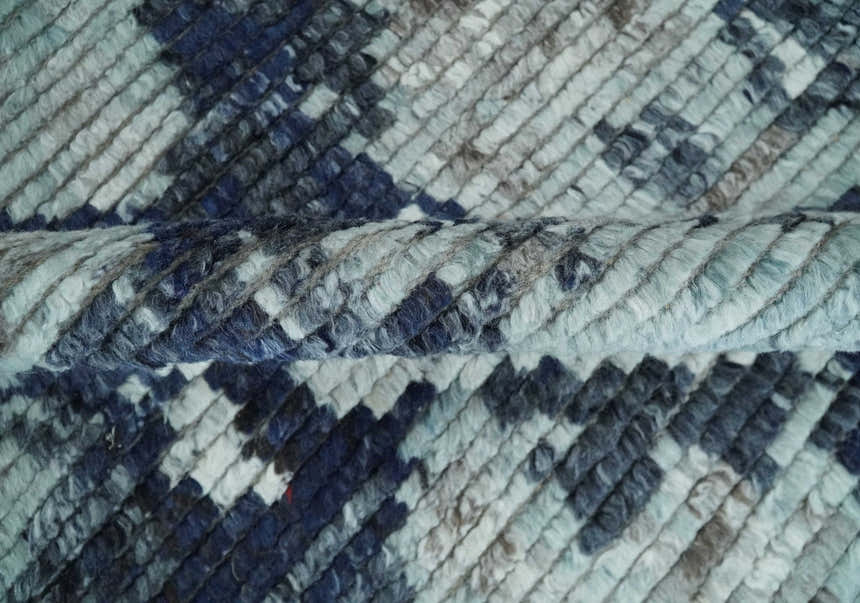 Custom Made Hand Woven Silver, Blue and Charcoal Abstract Trellis Moroccan Rug Made with Blended Wool