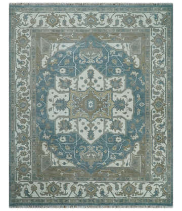 Teal And Ivory Hand Knotted Traditional Heriz Wool Area Rug