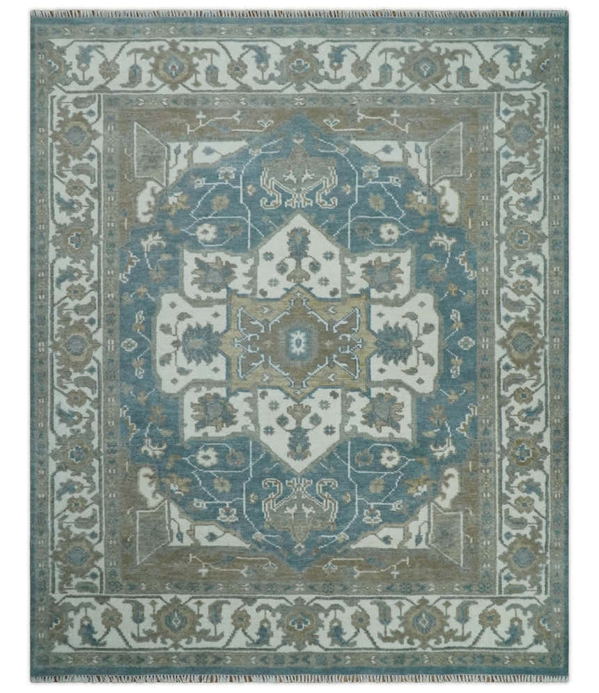 Teal And Ivory Hand Knotted Traditional Heriz Wool Area Rug