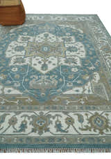 Teal And Ivory Hand Knotted Traditional Heriz Wool Area Rug