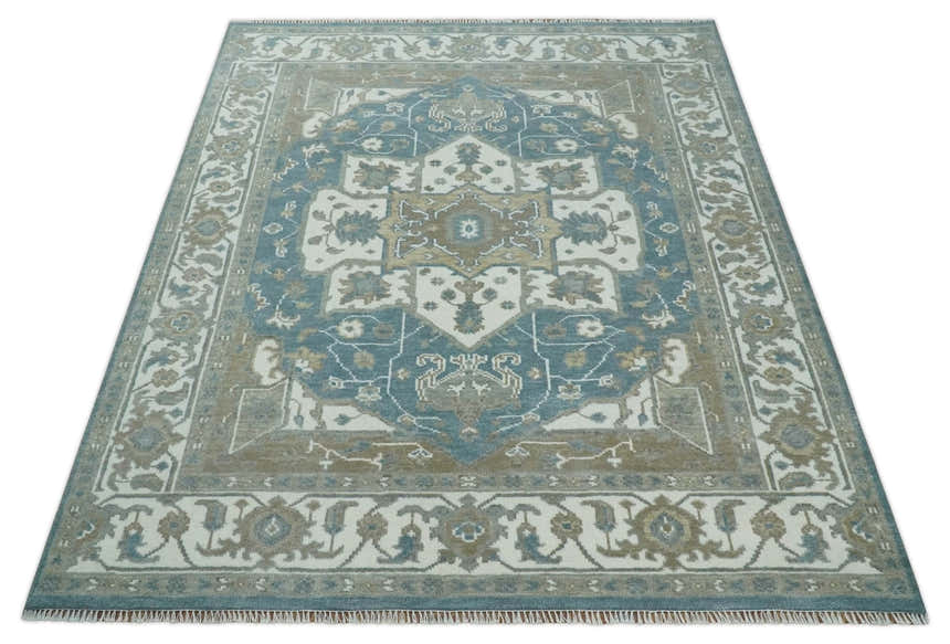 Teal And Ivory Hand Knotted Traditional Heriz Wool Area Rug