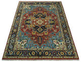 Rust, Blue and Beige Traditional Heriz Medallion Hand Knotted Multi Size Wool Area Rug