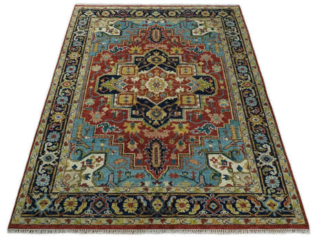 Rust, Blue and Beige Traditional Heriz Medallion Hand Knotted Multi Size Wool Area Rug