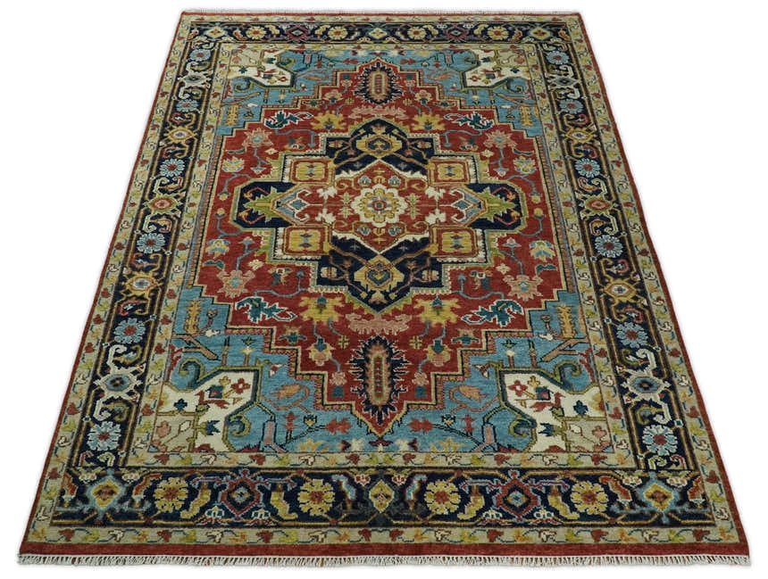 Rust, Blue and Beige Traditional Heriz Medallion Hand Knotted Multi Size Wool Area Rug