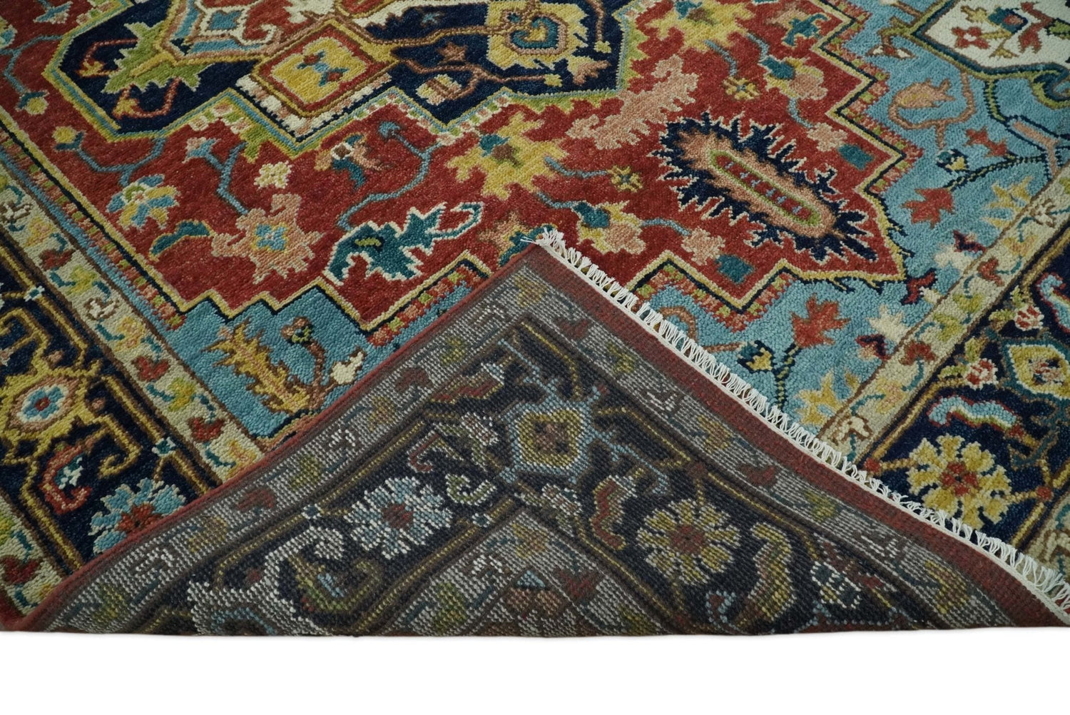 Rust, Blue and Beige Traditional Heriz Medallion Hand Knotted Multi Size Wool Area Rug