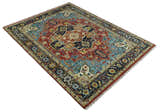 Rust, Blue and Beige Traditional Heriz Medallion Hand Knotted Multi Size Wool Area Rug