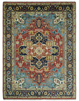 Rust, Blue and Beige Traditional Heriz Medallion Hand Knotted Multi Size Wool Area Rug