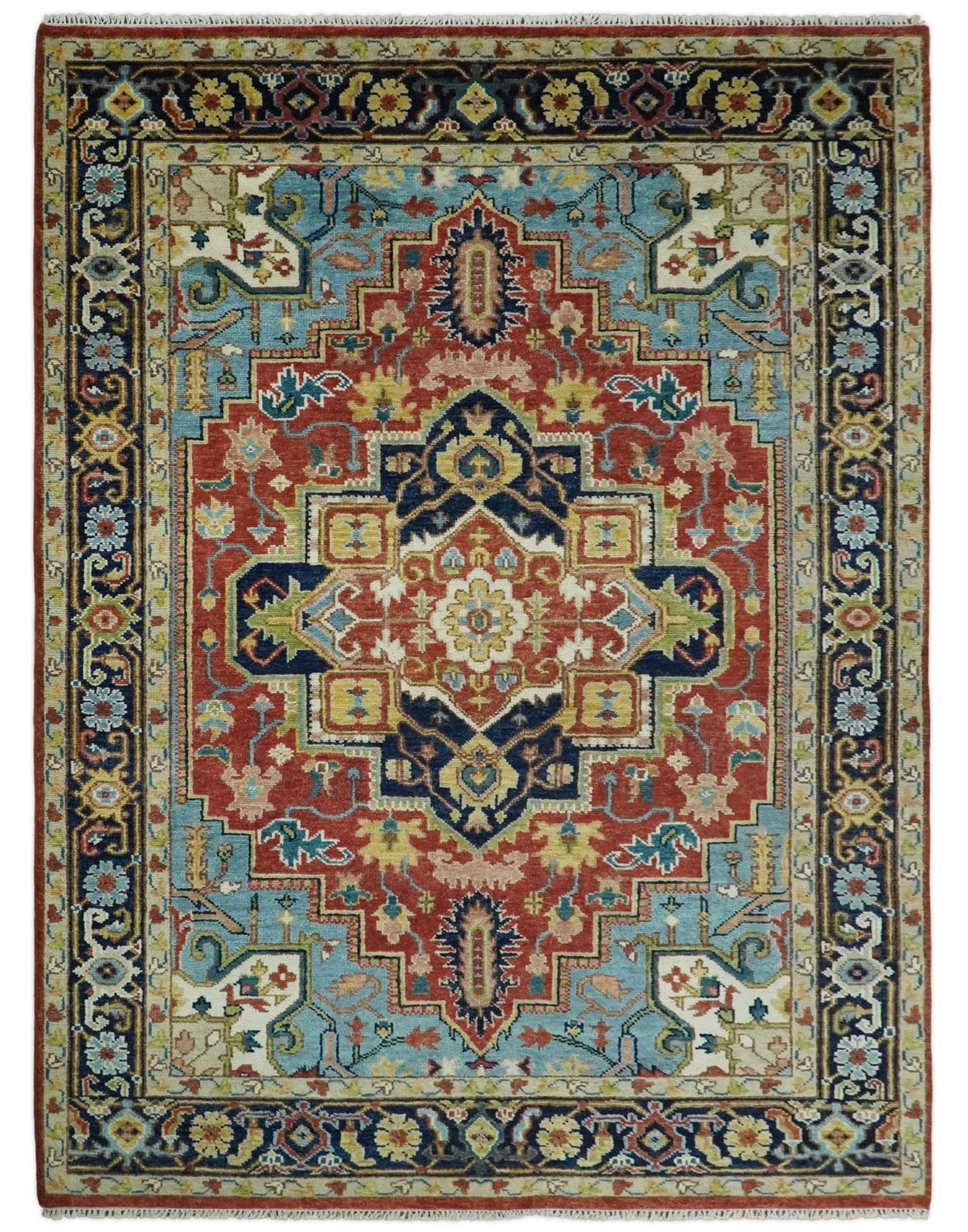 Rust, Blue and Beige Traditional Heriz Medallion Hand Knotted Multi Size Wool Area Rug