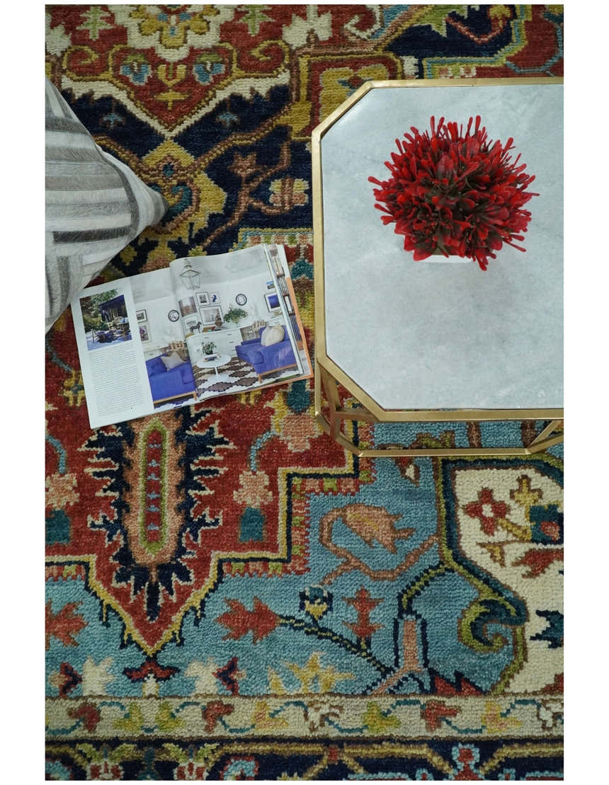Rust, Blue and Beige Traditional Heriz Medallion Hand Knotted Multi Size Wool Area Rug