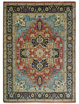 Rust, Blue and Beige Traditional Heriz Medallion Hand Knotted Multi Size Wool Area Rug