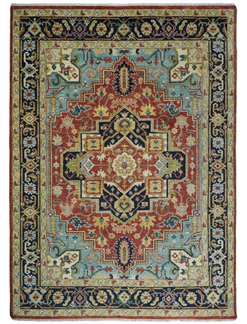 Rust, Blue and Beige Traditional Heriz Medallion Hand Knotted Multi Size Wool Area Rug