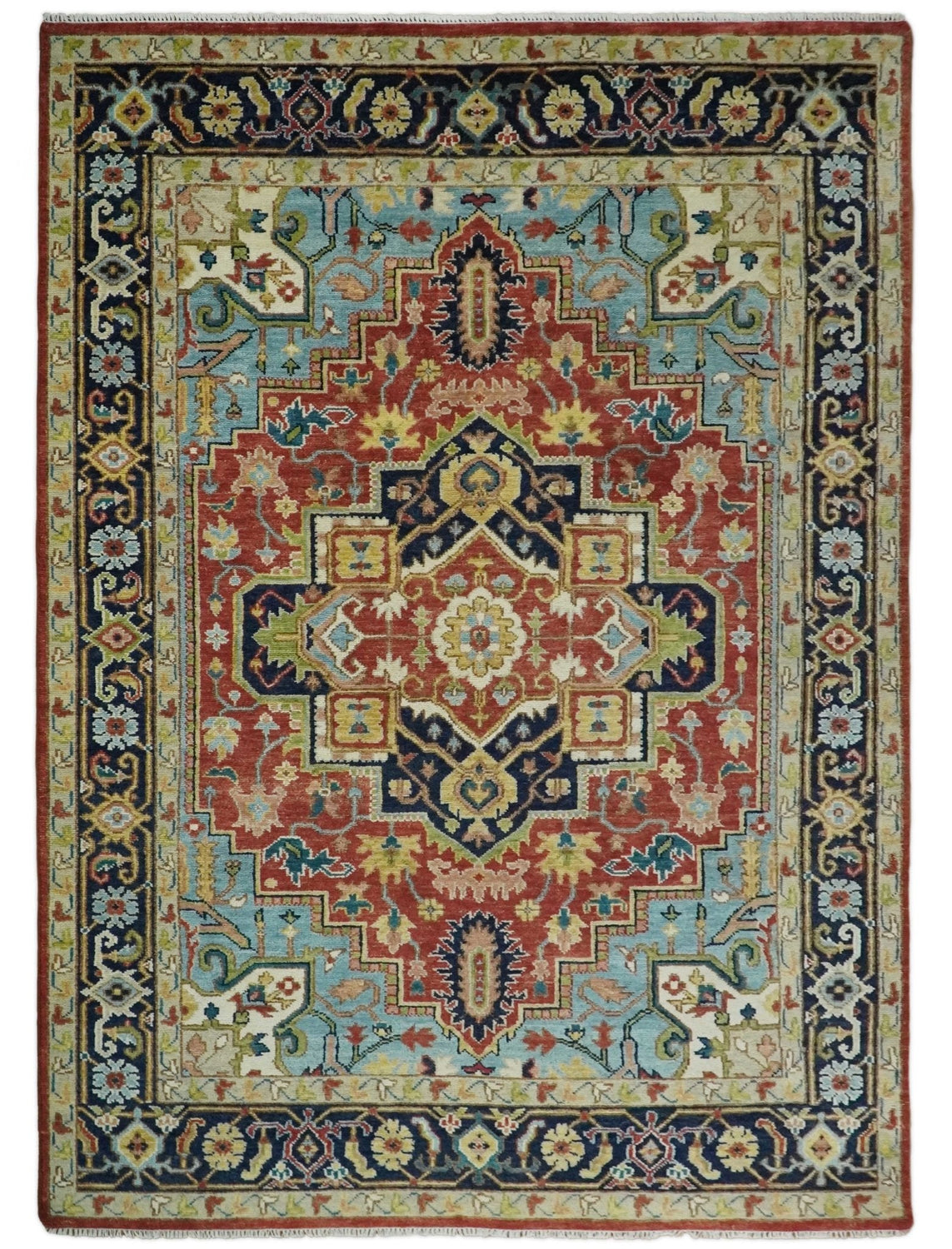 Rust, Blue and Beige Traditional Heriz Medallion Hand Knotted Multi Size Wool Area Rug