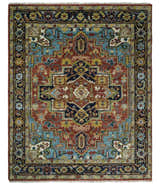 Rust, Blue and Beige Traditional Heriz Medallion Hand Knotted Multi Size Wool Area Rug